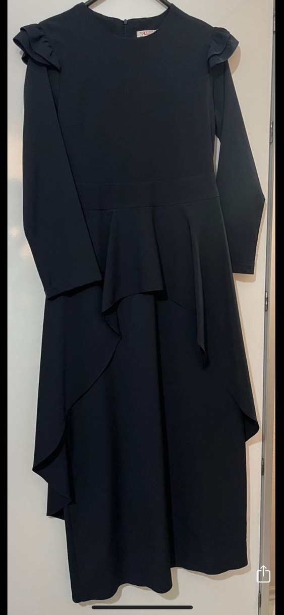 Uzun Kollu Siyah Fırfırlı Midi Elbise - Görsel 3