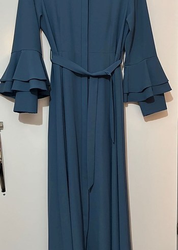 Uzun Kollu, Fırfırlı Mavi Kadın Elbise - Görsel 3