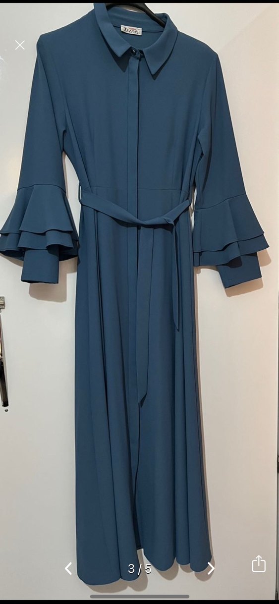 Uzun Kollu, Fırfırlı Mavi Kadın Elbise - Görsel 3