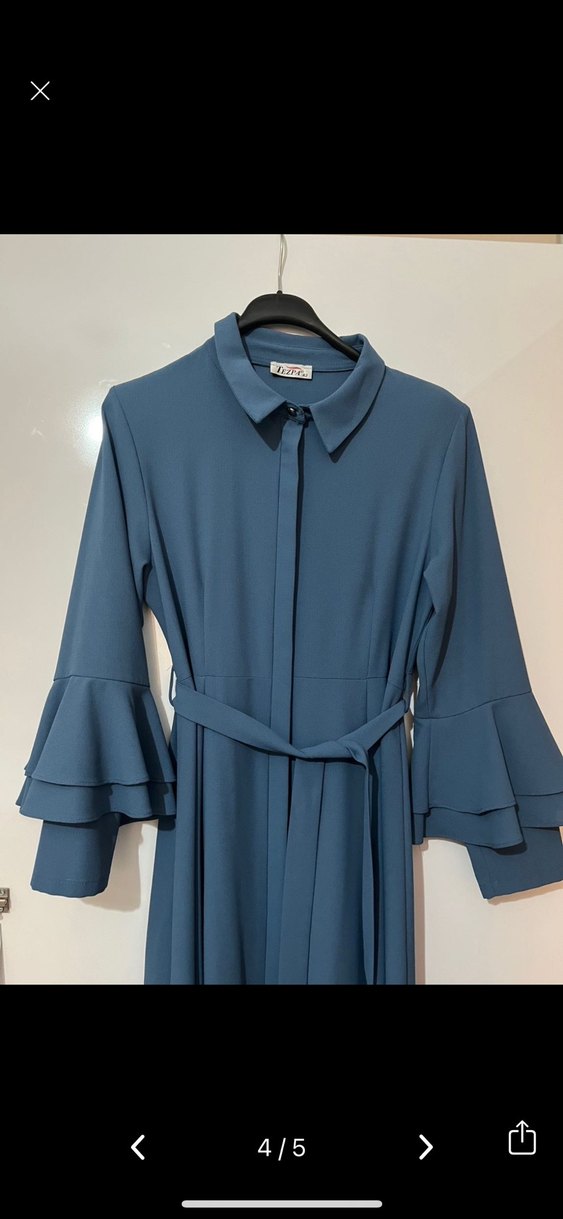 Uzun Kollu, Fırfırlı Mavi Kadın Elbise - Görsel 4