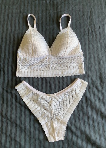 Ekru Bohem Dantel Bralet ve Külot Takımı