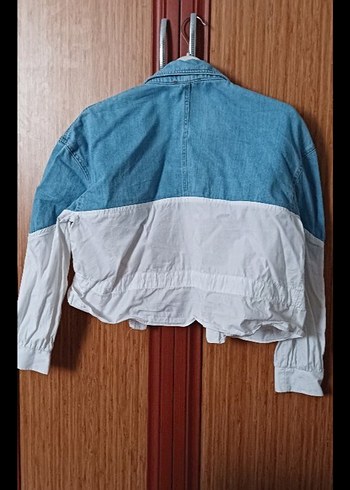 m Beden Mavi Beyaz Bağlama Desenli Kadın Denim Ceket