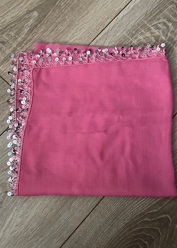 Boncuk Detaylı Pembe İpek Görünümlü yazma