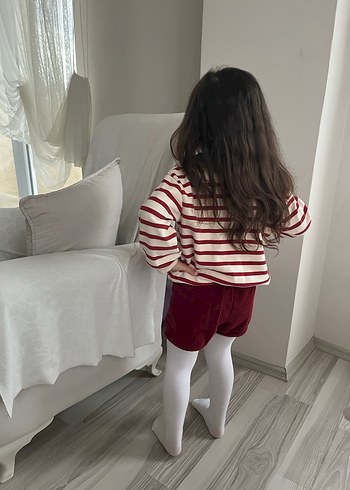 Kırmızı Çizgili Pamuklu Kazak Şortlu etek takım - Görsel 2