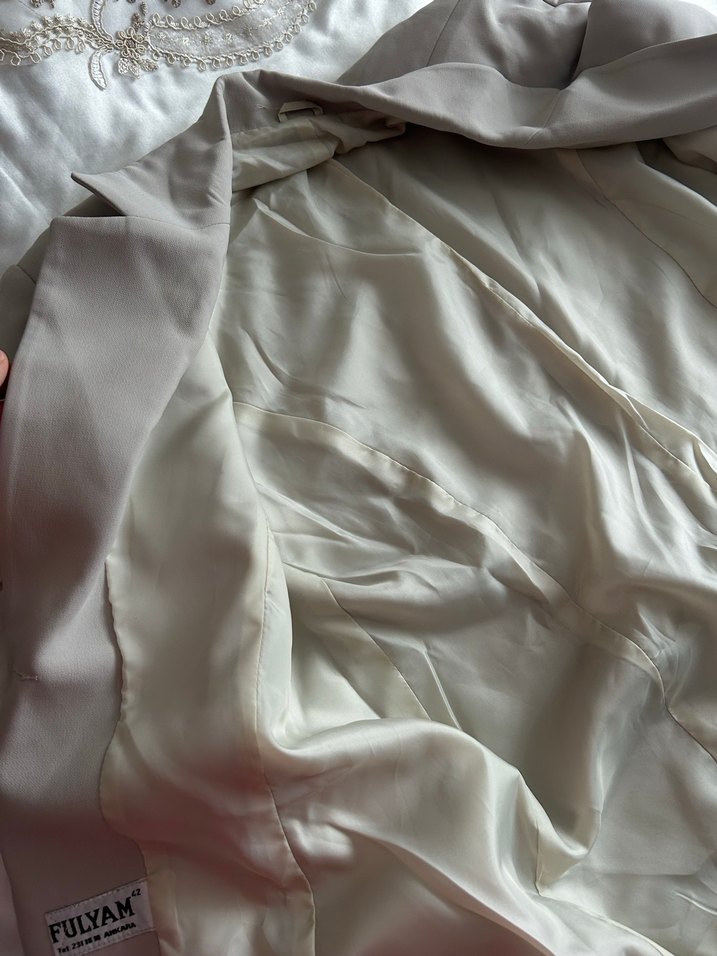 Bej Keten Uzun Kadın Takım Elbise - Görsel 4