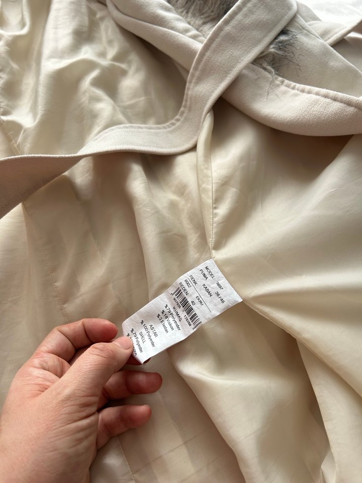 Beyaz Uzun Kadın Kaban, Kürk Detaylı - Görsel 5