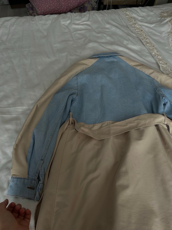 Kemerli Bej Denim Uzun Trençkot - Görsel 3