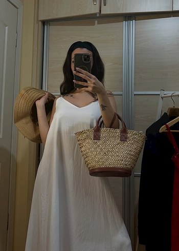 Diğer Beyaz Askılı Salaş Keten Uzun Elbise