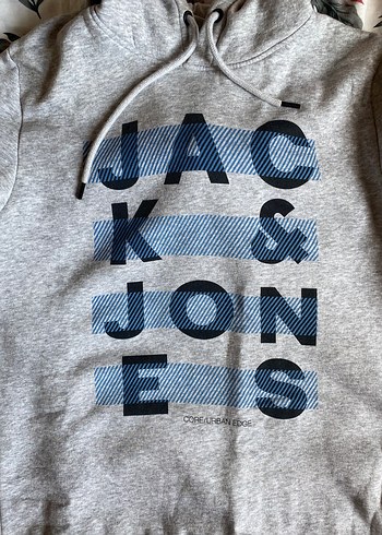 l Beden Jack & Jones Kapüşonlu Gri Baskılı Erkek Sweatshirt