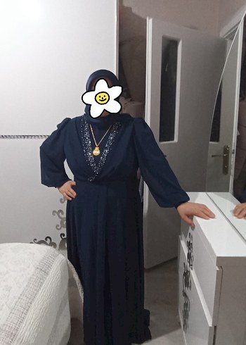 Uzun Kollu Lacivert şifon elbise