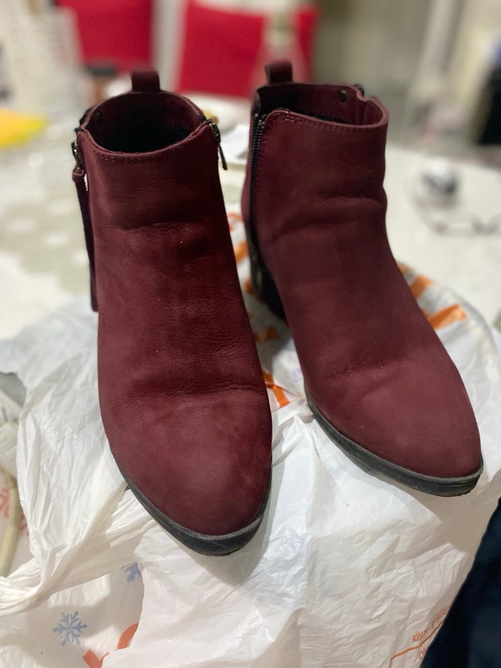 Bordo Süet Kadın Bot, Tokalı, Kalın Topuklu - Görsel 2