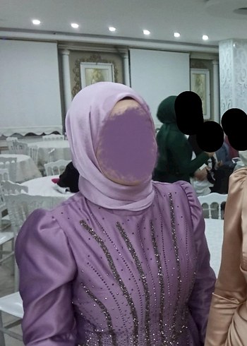 Abiye Mor Nakışlı Uzun Drapeli tesettür Abiye