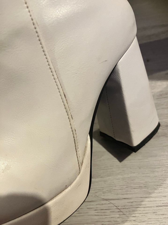 Beyaz Deri Kadın Bot, Kalın Topuklu, Fermuarlı - Görsel 4