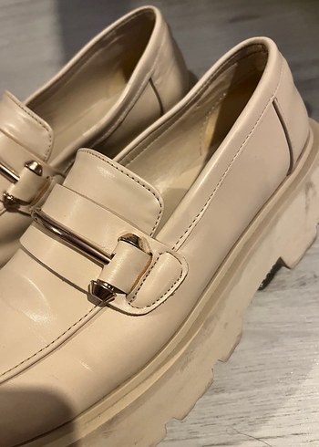 Bej Deri Tokalı Platform Topuklu Kadın Loafer - Görsel 2