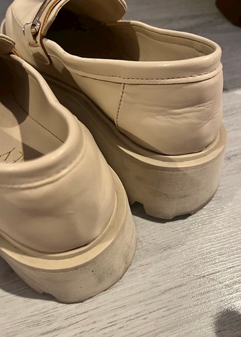 Bej Deri Tokalı Platform Topuklu Kadın Loafer - Görsel 3