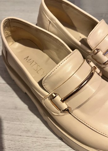 Bej Deri Tokalı Platform Topuklu Kadın Loafer - Görsel 4