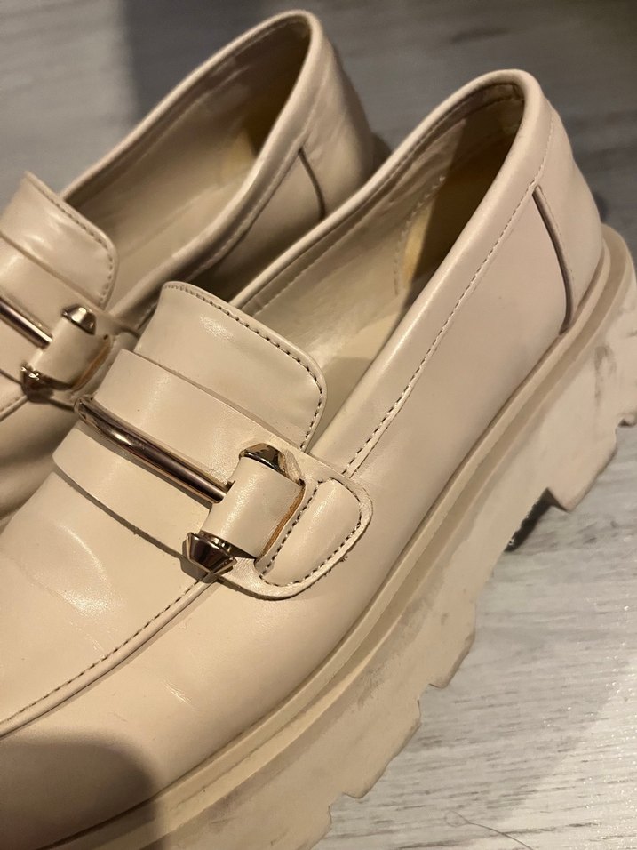 Bej Deri Tokalı Platform Topuklu Kadın Loafer - Görsel 2