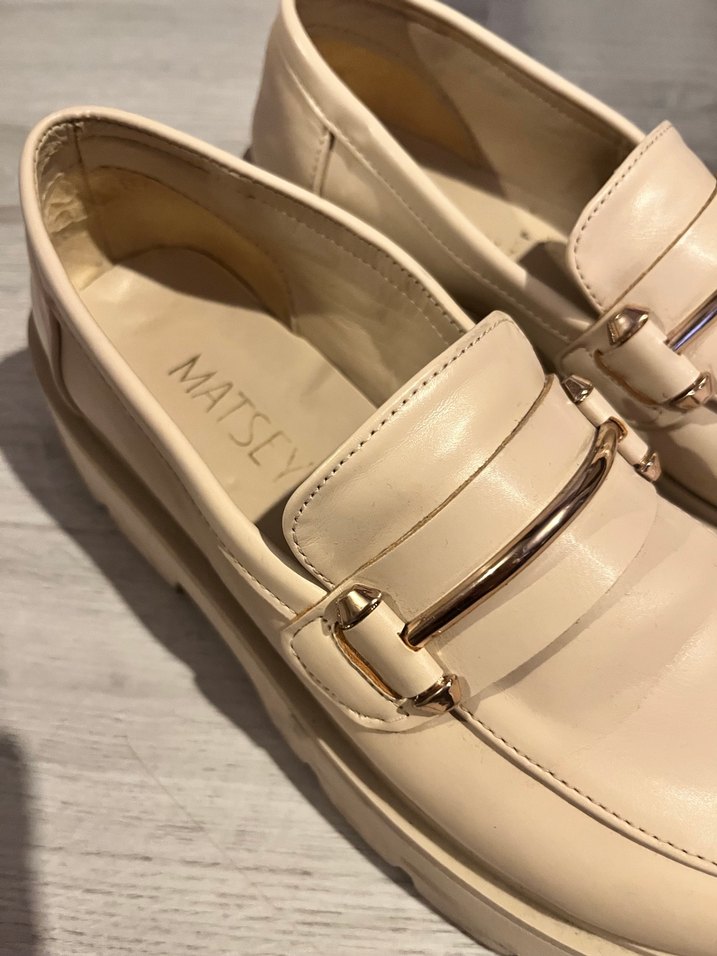 Bej Deri Tokalı Platform Topuklu Kadın Loafer - Görsel 4