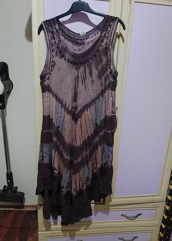 xl Beden kahverengi Renk Bohem Uzun V Yaka Kolsuz Batik Elbise