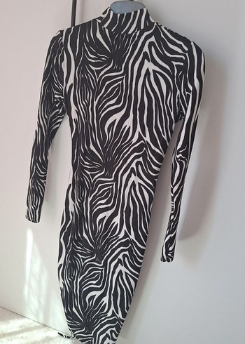s Beden gri Renk Zebra Desenli Uzun Kollu Kalem Elbise