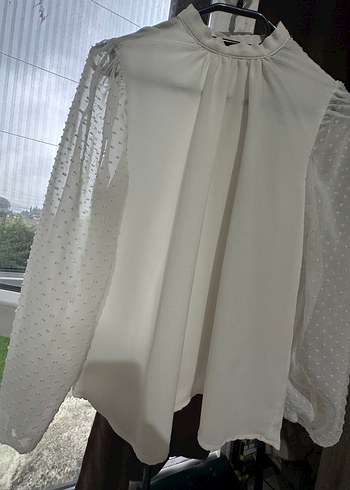 Beyaz Transparan Uzun Kollu Keten Bluz - Görsel 5