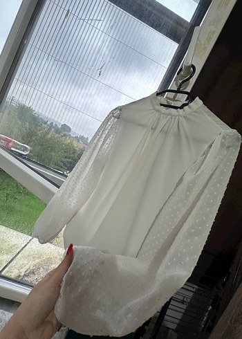 Beyaz Transparan Uzun Kollu Keten Bluz - Görsel 3