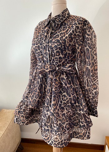 Leopar Desenli Kemerli Mini Elbise - Görsel 2