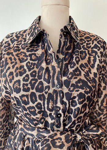 Leopar Desenli Kemerli Mini Elbise - Görsel 5