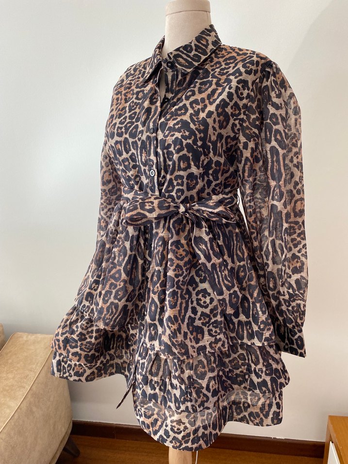 Leopar Desenli Kemerli Mini Elbise - Görsel 2