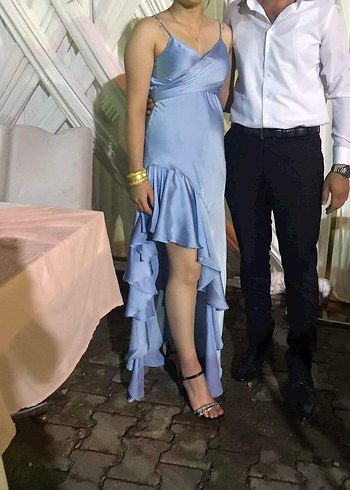 Mavi saten İpek Görünümlü Volanlı Uzun Elbise