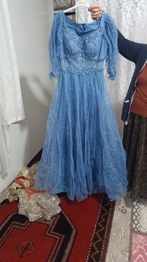 Mavi Nakışlı Uzun Bohem Kadın Elbise - Görsel 3