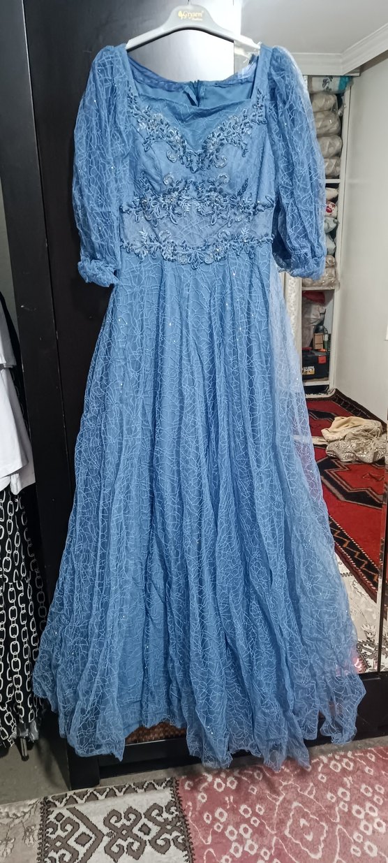 Mavi Nakışlı Uzun Bohem Kadın Elbise - Görsel 2