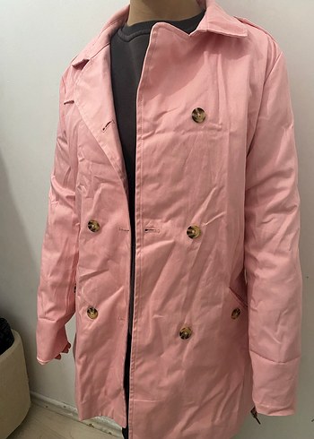 Düğmeli Pembe Kadın Trençkot - Görsel 3