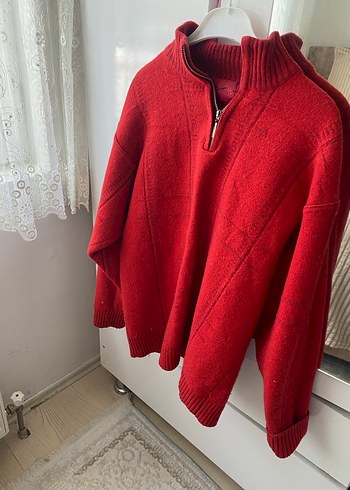 Kırmızı Yarım Fermuarlı Örgü Kadın Kazak - Görsel 3