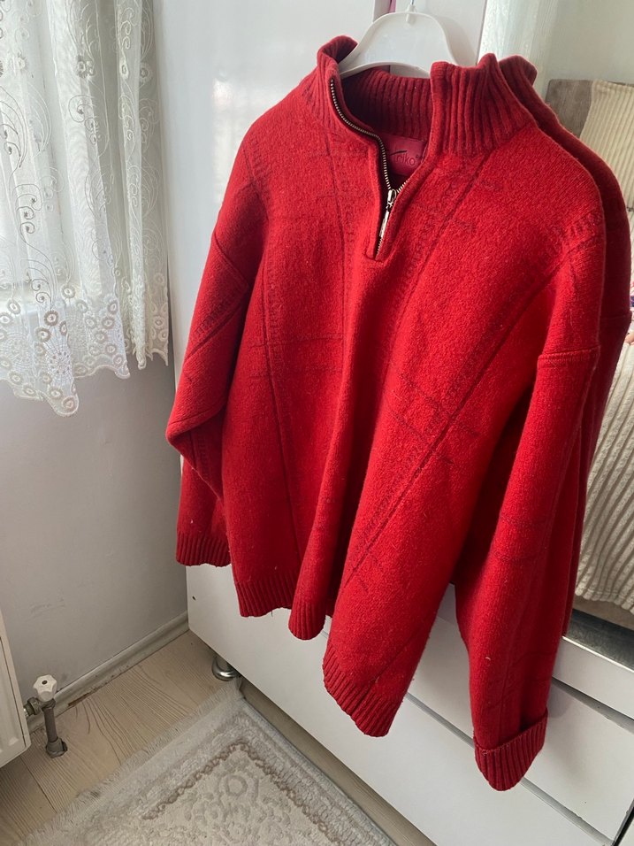 Kırmızı Yarım Fermuarlı Örgü Kadın Kazak - Görsel 3