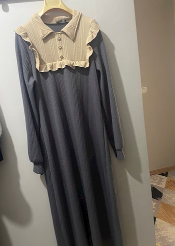 Bej Detaylı Gri Uzun Kollu Uzun Elbise - Görsel 2