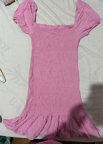 LC Waikiki Pembe Keten Fırfırlı Midi Triko Elbise