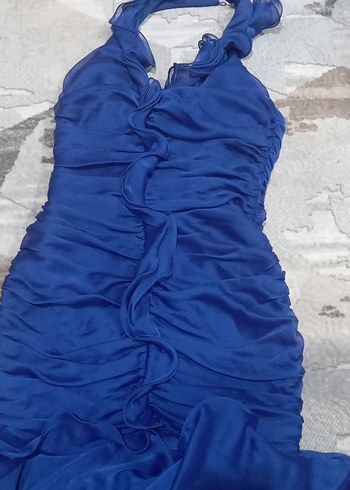 40 Beden mavi Renk Mavi Drapeli Uzun Abiye Elbise