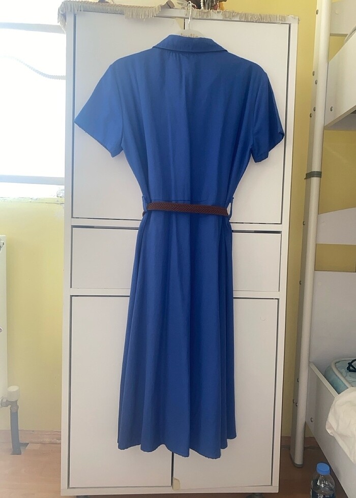 Saks mavi kemerli gömlek elbise - Görsel 3