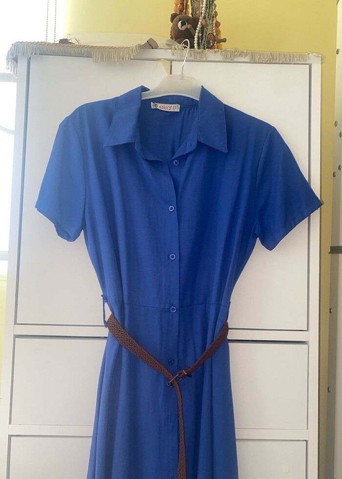 Saks mavi kemerli gömlek elbise - Görsel 2