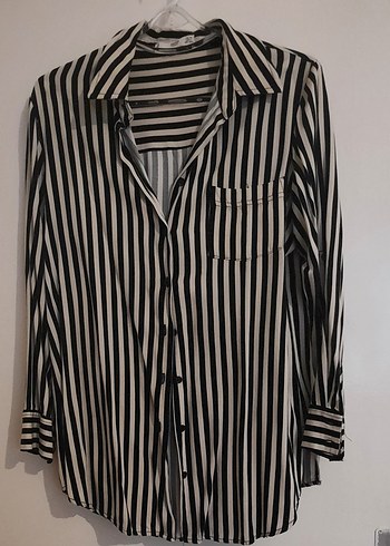 Siyah-Bej Çizgili Kadın Gömlek - Görsel 2