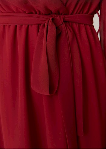 Bordo V Yaka Midi Elbise