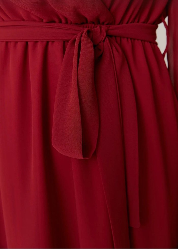 Bordo V Yaka Midi Elbise - Görsel 2