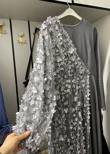 Uzun Kollu Gri İşlemeli Drapeli Abiye Elbise - Görsel 5