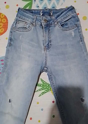 m Beden Düğmeli Mavi Bağlama Desenli Kadın Kot Pantolon