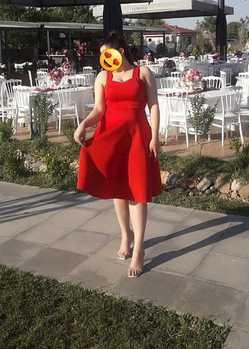 Diğer Parlak Kırmızı V Yaka Midi Elbise
