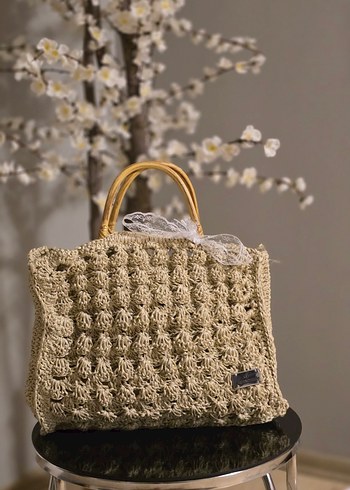 Bodrum hasır ipi ile el yapımı klasik  tahta saplı el çantası - Görsel 3