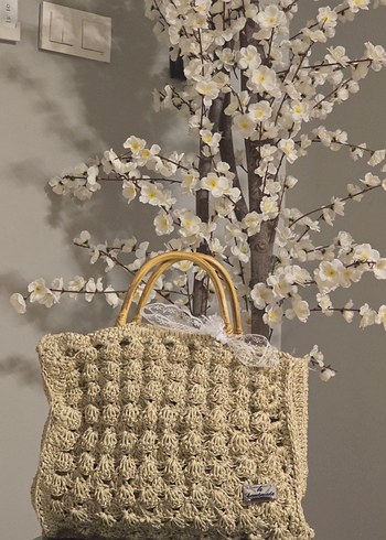 Bodrum hasır ipi ile el yapımı klasik  tahta saplı el çantası - Görsel 2