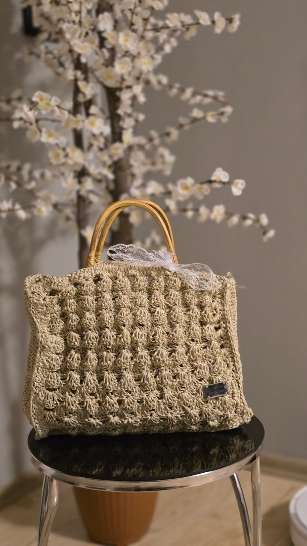 Bodrum hasır ipi ile el yapımı klasik  tahta saplı el çantası - Görsel 3