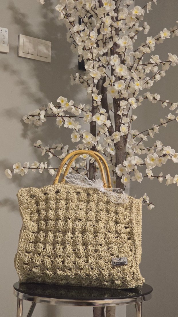 Bodrum hasır ipi ile el yapımı klasik  tahta saplı el çantası - Görsel 2